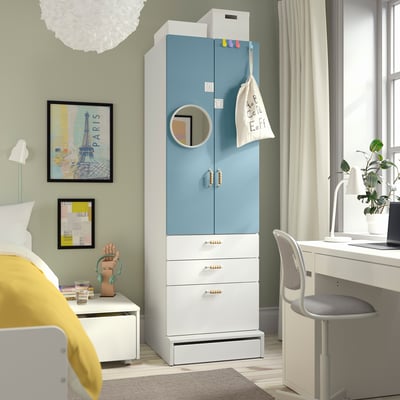 SMÅSTAD / UPPFÖRA Wardrobe, white blue/with 3 drawers, 23 5/8x25 5/8x77 1/8 "