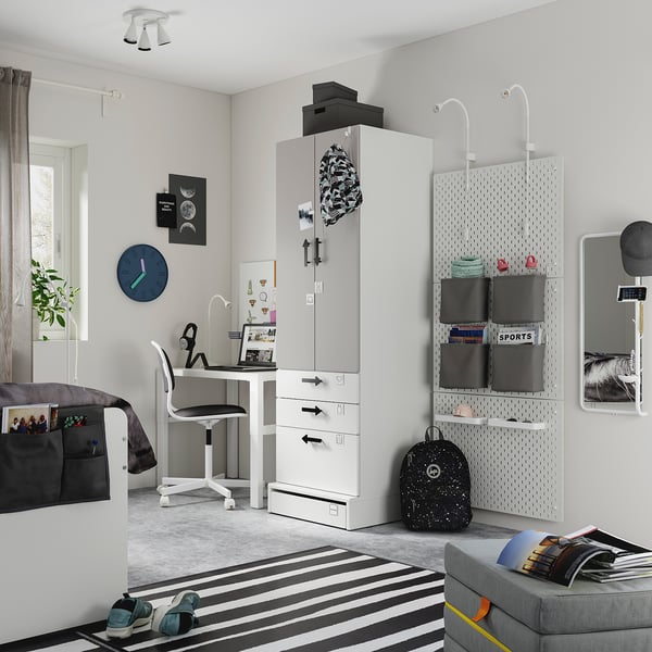 SMÅSTAD / UPPFÖRA Wardrobe, white gray/with 3 drawers, 23 5/8x25 5/8x77 1/8 "