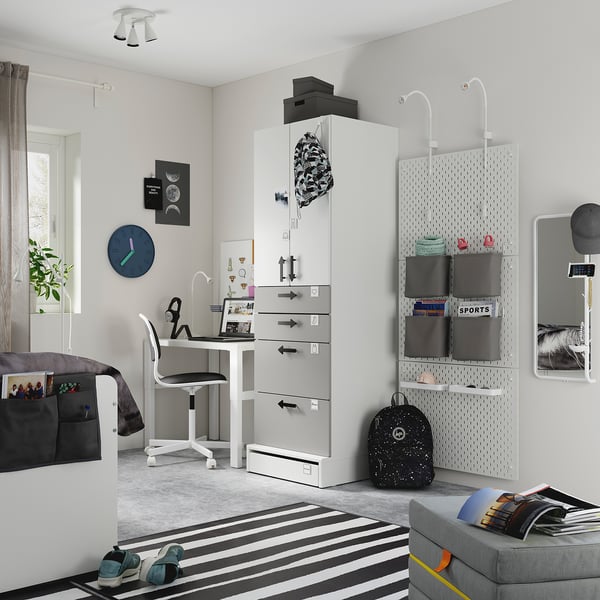 SMÅSTAD / UPPFÖRA Wardrobe, white gray/with 4 drawers, 23 5/8x25 5/8x77 1/8 "