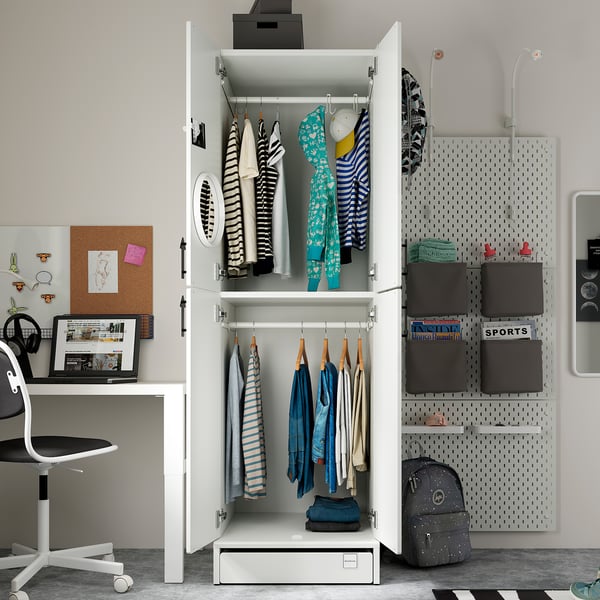 SMÅSTAD / UPPFÖRA Wardrobe, white white/with 2 clothes rails, 23 5/8x25 5/8x77 1/8 "