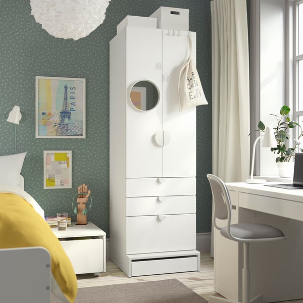 SMÅSTAD / UPPFÖRA Wardrobe, white white/with 3 drawers, 23 5/8x25 5/8x77 1/8 "