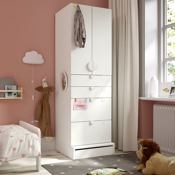 SMÅSTAD / UPPFÖRA Wardrobe, white white/with 4 drawers, 23 5/8x25 5/8x77 1/8 "