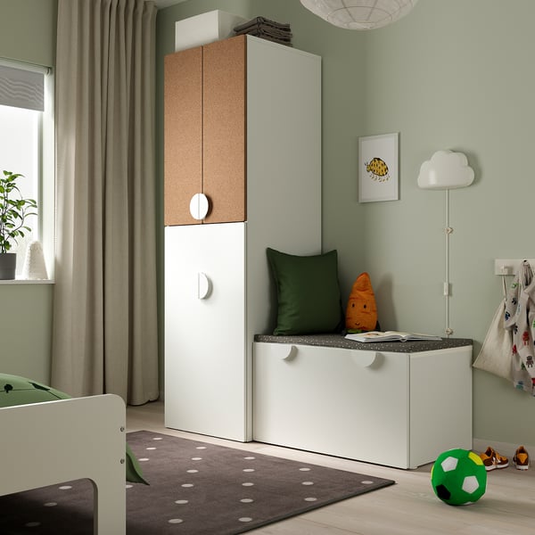 SMÅSTAD Wardrobe with pullout unit, white cork/with storage bench