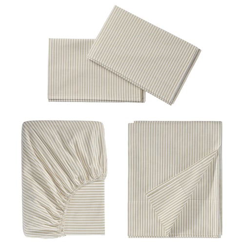 SOLFIBBLA bed sheet set: beige, striped cotton, rectangular, includes flat & fitted sheets, pillowcases.