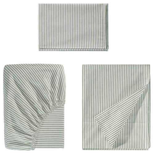 SOLFIBBLA bed linens in grey stripes, including a flat sheet, fitted sheet, and pillowcase, all made of cotton.
