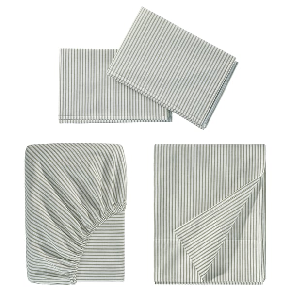 SOLFIBBLA Sheet set, white green/stripe, Queen