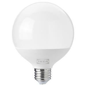 Ikea SOLHETTA led light bulb, warm-white, spherical shape, durable plastic cover.