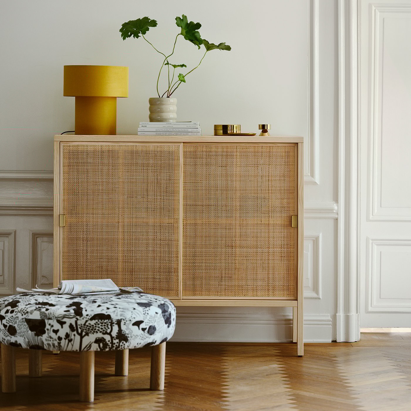 STOCKHOLM 2025 cabinet with sliding doors, rattan/pine, 125x47x110