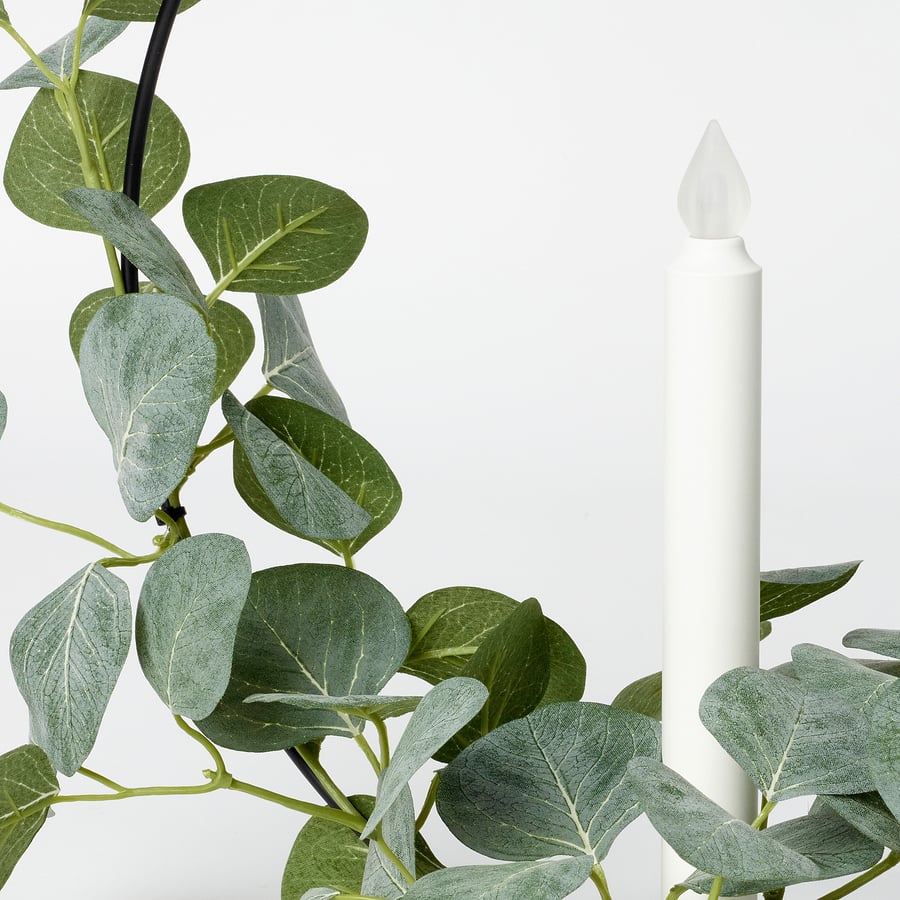 STRÅLA LED candle holder, batteryoperated, artificial eucalyptus, 36