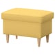 Bright yellow STRANDMON footstool with wooden legs, rectangular shape, and cushion top.