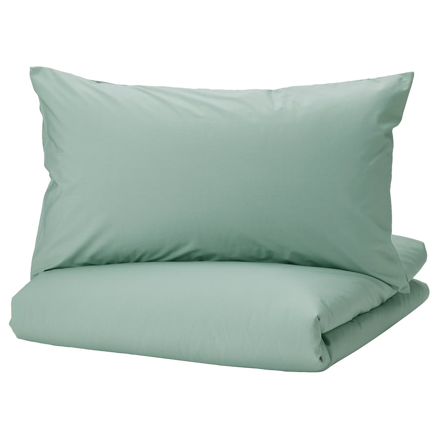 STRANDTALL duvet cover and pillowcase(s), graygreen/dark green, Full/Queen (Double/Queen) IKEA CA