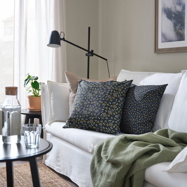 SVÄRDTÅG Cushion cover, dark blue/floral pattern, 20x20 "