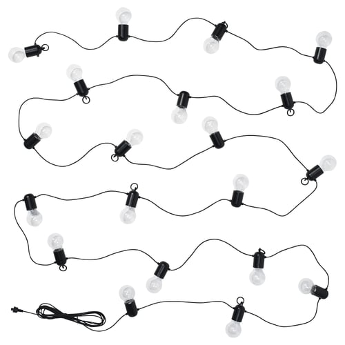 Black SVARTRÅ string lights with bulbs on white background. Slim, modern design, perfect for decor.