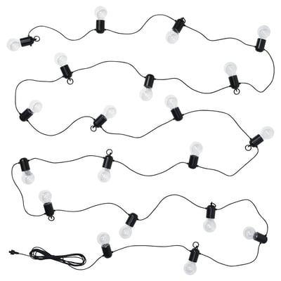 Black SVARTRÅ string lights with bulbs on white background. Slim, modern design, perfect for decor.