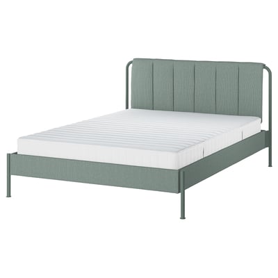 TÄLLÅSEN Upholstered bed frame with mattress, Kulsta gray-green/Valevåg medium firm, Queen