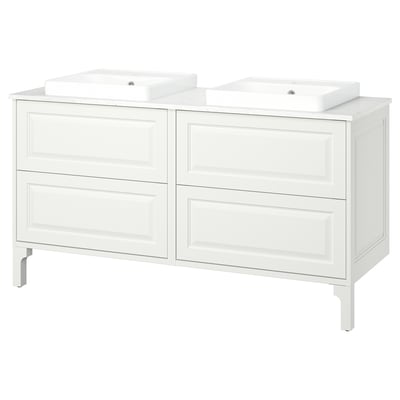 TÄNNFORSEN white bathroom vanity, dual sinks, classic style, white cabinet with smooth surfaces, wall-mount design.