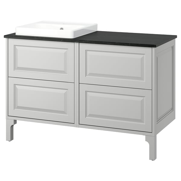 TÄNNFORSEN light grey bathroom unit with white sink, drawers, square shape.