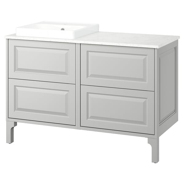 TÄNNFORSEN: light grey double bathroom vanity, marble top, white sink, rectangular drawers.