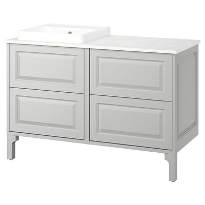 TÄNNFORSEN: light grey double bathroom vanity, marble top, white sink, rectangular drawers.