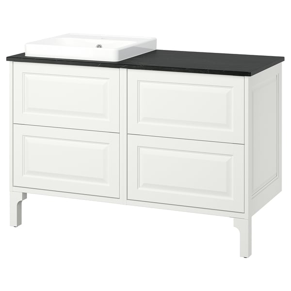 TÄNNFORSEN white dual vanity set, luxe drawer design, black countertop, ceramic sink.