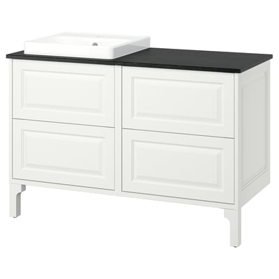TÄNNFORSEN white dual vanity set, luxe drawer design, black countertop, ceramic sink.