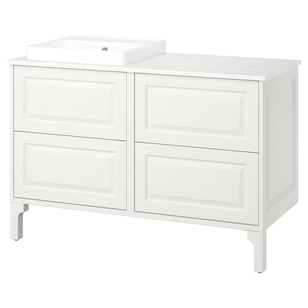 TÄNNFORSEN white bathroom vanity, marble counter, ceramic sink, classic design.