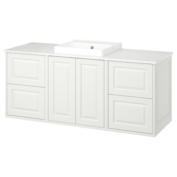 A white TÄNNFORSEN bathroom vanity with a marble countertop and a ceramic basin. It a mix of drawers and cabinets for storage.