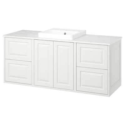 A white TÄNNFORSEN bathroom vanity with a marble countertop and a ceramic basin. It a mix of drawers and cabinets for storage.