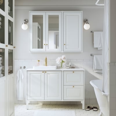 TÄNNFORSEN / ORRSJÖN Vanity, white/white marble effect, 49x21 1/2x35 3/8 "