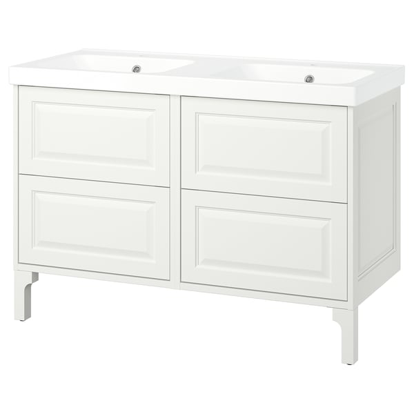 Double white bathroom vanity, TÄNNFORSEN series, classic design with two sinks and extensive storage.