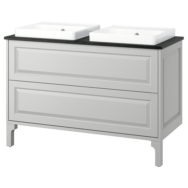 An elegant grey TÄNNFORSEN bathroom vanity with two integrated white basins, featuring classic bevelled edges and sturdy design.
