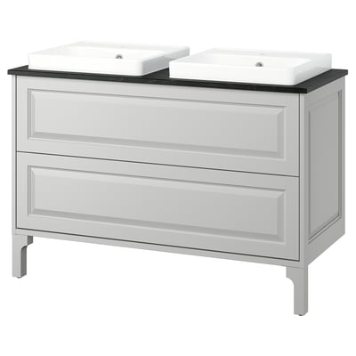 An elegant grey TÄNNFORSEN bathroom vanity with two integrated white basins, featuring classic bevelled edges and sturdy design.