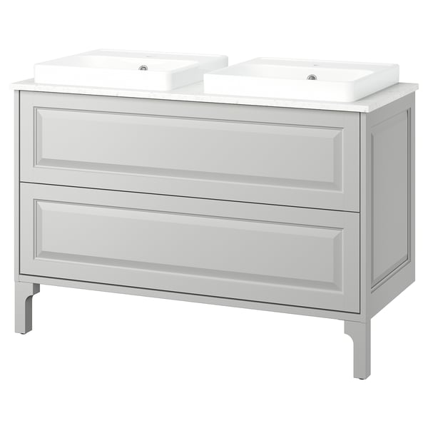 A TÄNNFORSEN light grey double bathroom vanity with two sinks, featuring classic bevelled edges and generous storage drawers.