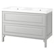 The TÄNNFORSEN vanity is sleek and modern in light grey. With a double ceramic basin, it offers ample storage and a timeless design.