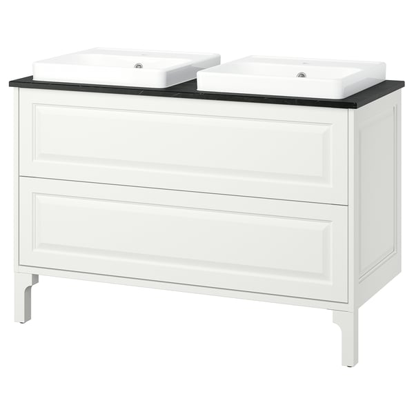 TÄNNFORSEN white double bathroom vanity. Classic design with bevelled edges. Two basins, drawers, and a black countertop.