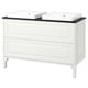 TÄNNFORSEN white double bathroom vanity. Classic design with bevelled edges. Two basins, drawers, and a black countertop.