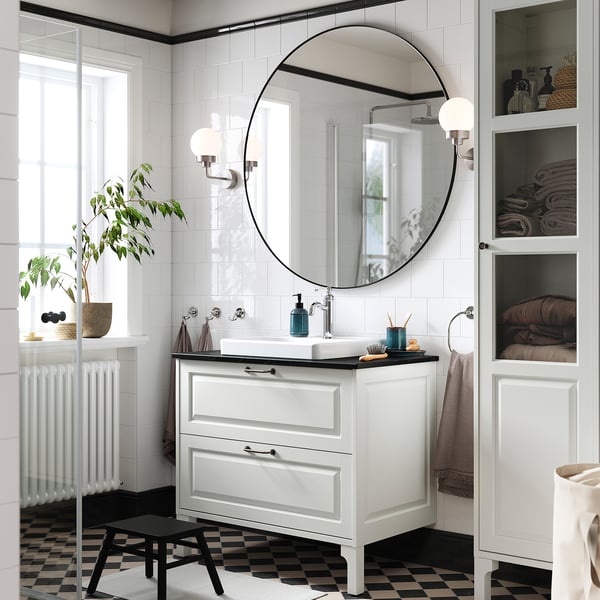 TÄNNFORSEN / ORRSJÖN Vanity with drawers, white/black marble effect, 37x21 1/2x35 3/8 "