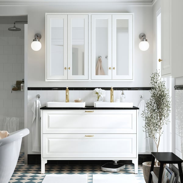 TÄNNFORSEN / ORRSJÖN Vanity with drawers, white/black marble effect, 49x21 1/2x35 3/8 "