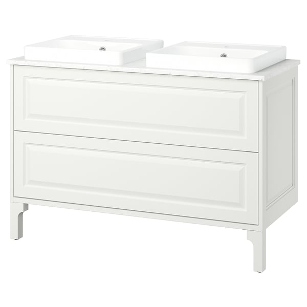 A white TÄNNFORSEN bathroom vanity. It has two ceramic basins and a marble countertop, with classic bevelled edges and sturdy wooden drawers.