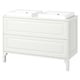 A white TÄNNFORSEN bathroom vanity. It has two ceramic basins and a marble countertop, with classic bevelled edges and sturdy wooden drawers.