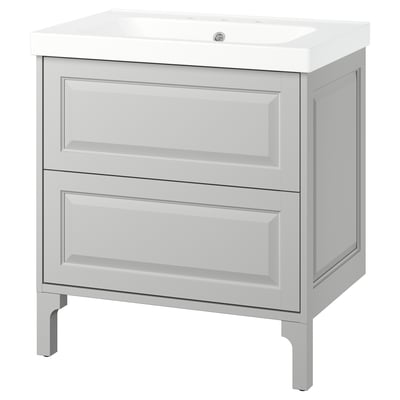 Modern light grey TÄNNFORSEN bathroom vanity, 2 drawers, fibreboard & particleboard, white ceramic top.
