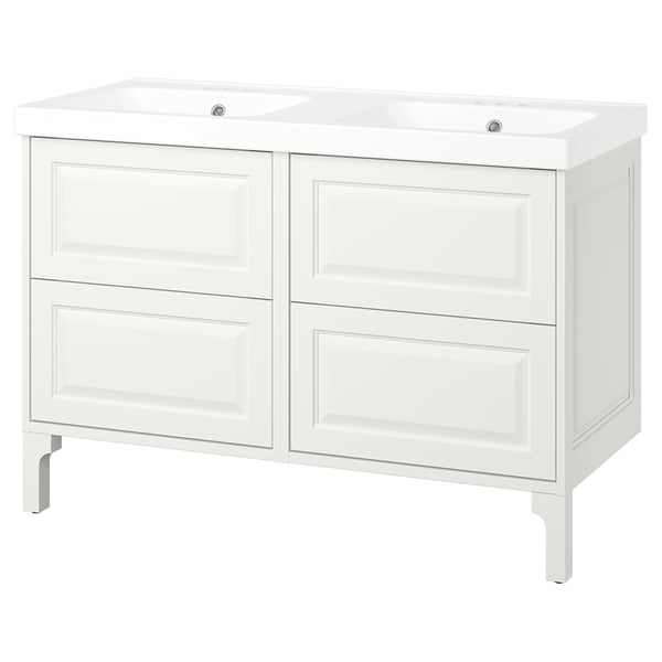 A TÄNNFORSEN white bathroom vanity combo with double sinks, classic design, and wooden drawers.