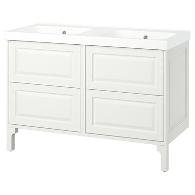 A TÄNNFORSEN white bathroom vanity combo with double sinks, classic design, and wooden drawers.