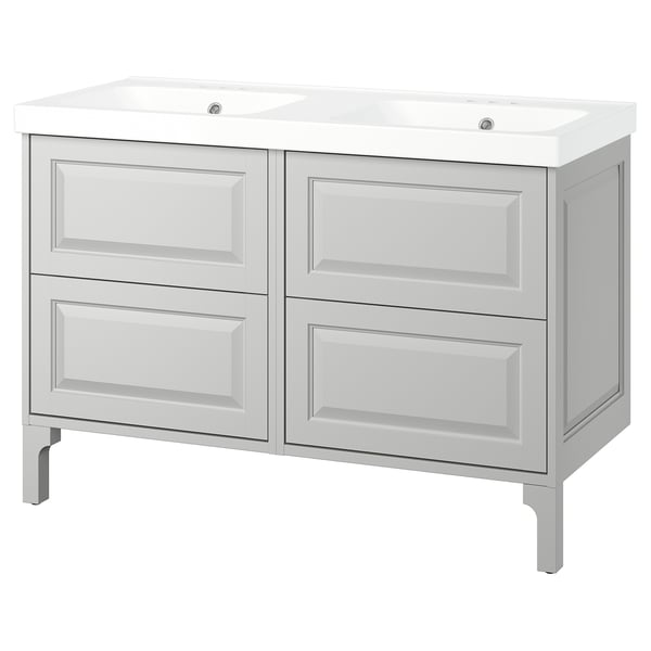 Double grey bathroom vanity, TÄNNFORSEN, light grey, wood, rectangular, contemporary design.