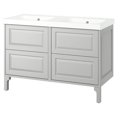Double grey bathroom vanity, TÄNNFORSEN, light grey, wood, rectangular, contemporary design.