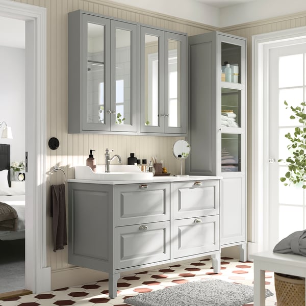 TÄNNFORSEN / RUTSJÖN Sink cab/sinks/faucet, light gray/white marble effect, 49x21 1/2x37 1/8 "