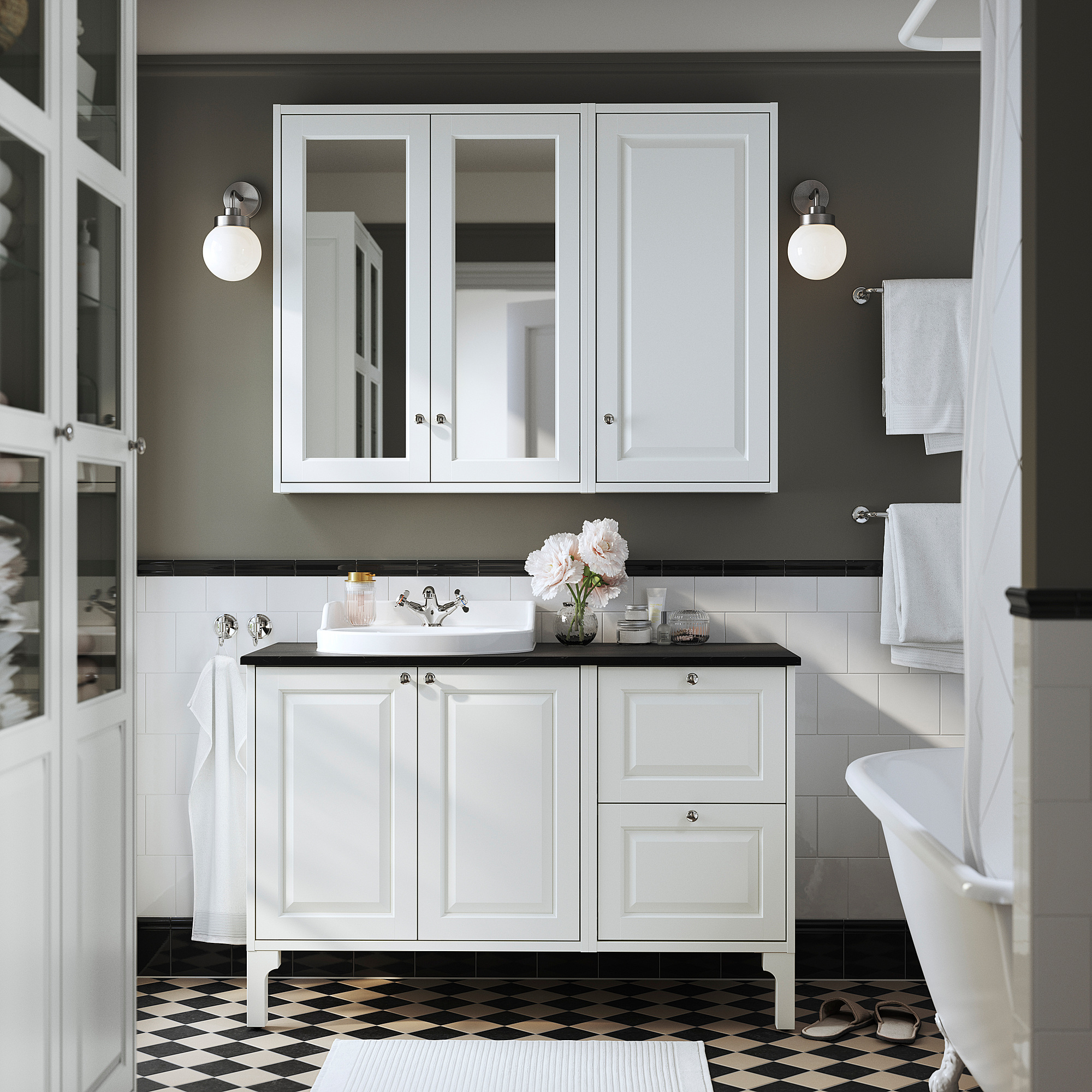 TÄNNFORSEN / RUTSJÖN Sink cab/sinks/faucet, white/black marble effect, 49x21 1/2x37 1/8 "