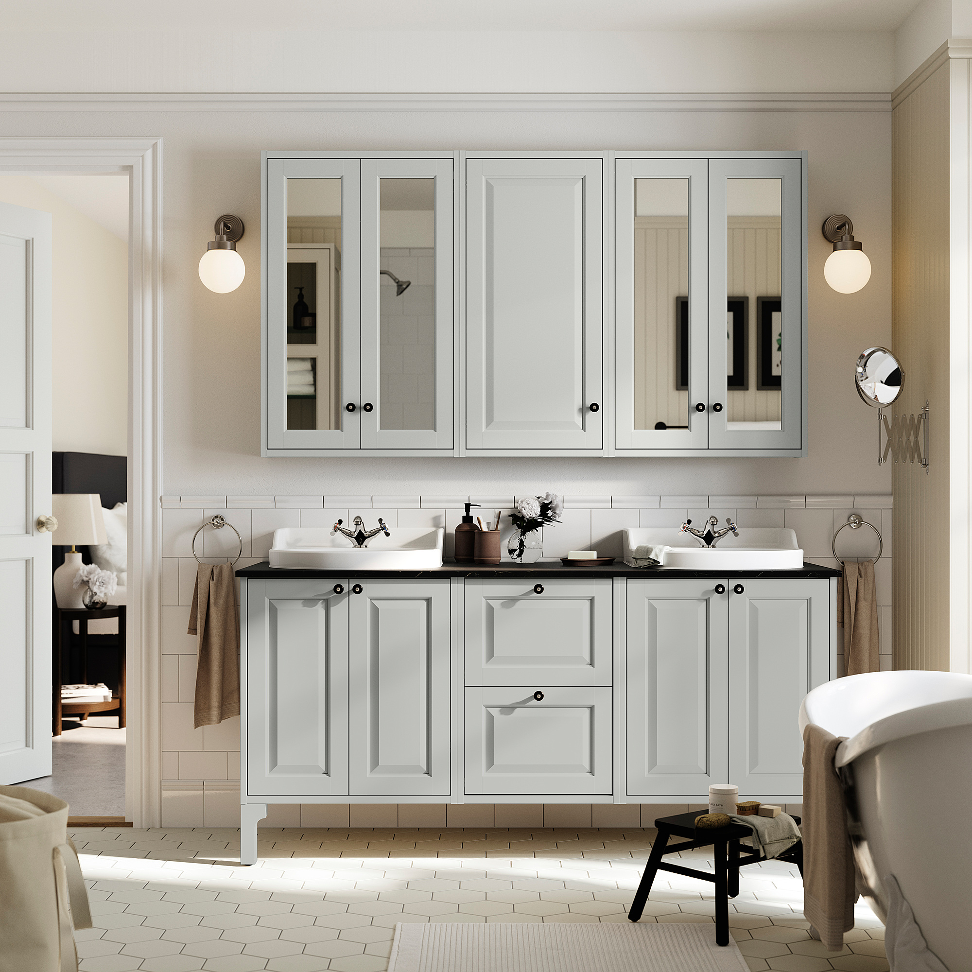 TÄNNFORSEN / RUTSJÖN Sink cab/sinks/taps, light gray/black marble effect, 67x21 1/2x37 1/8 "