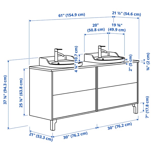 TÄNNFORSEN / RUTSJÖN Sink cab/sinks/taps, light gray/brown walnut effect, 61x21 1/2x37 1/8 "