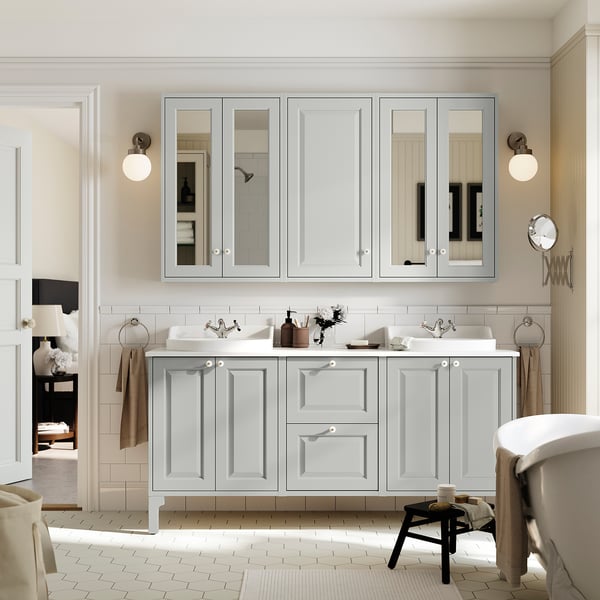TÄNNFORSEN / RUTSJÖN Sink cab/sinks/taps, light gray/white marble effect, 67x21 1/2x37 1/8 "